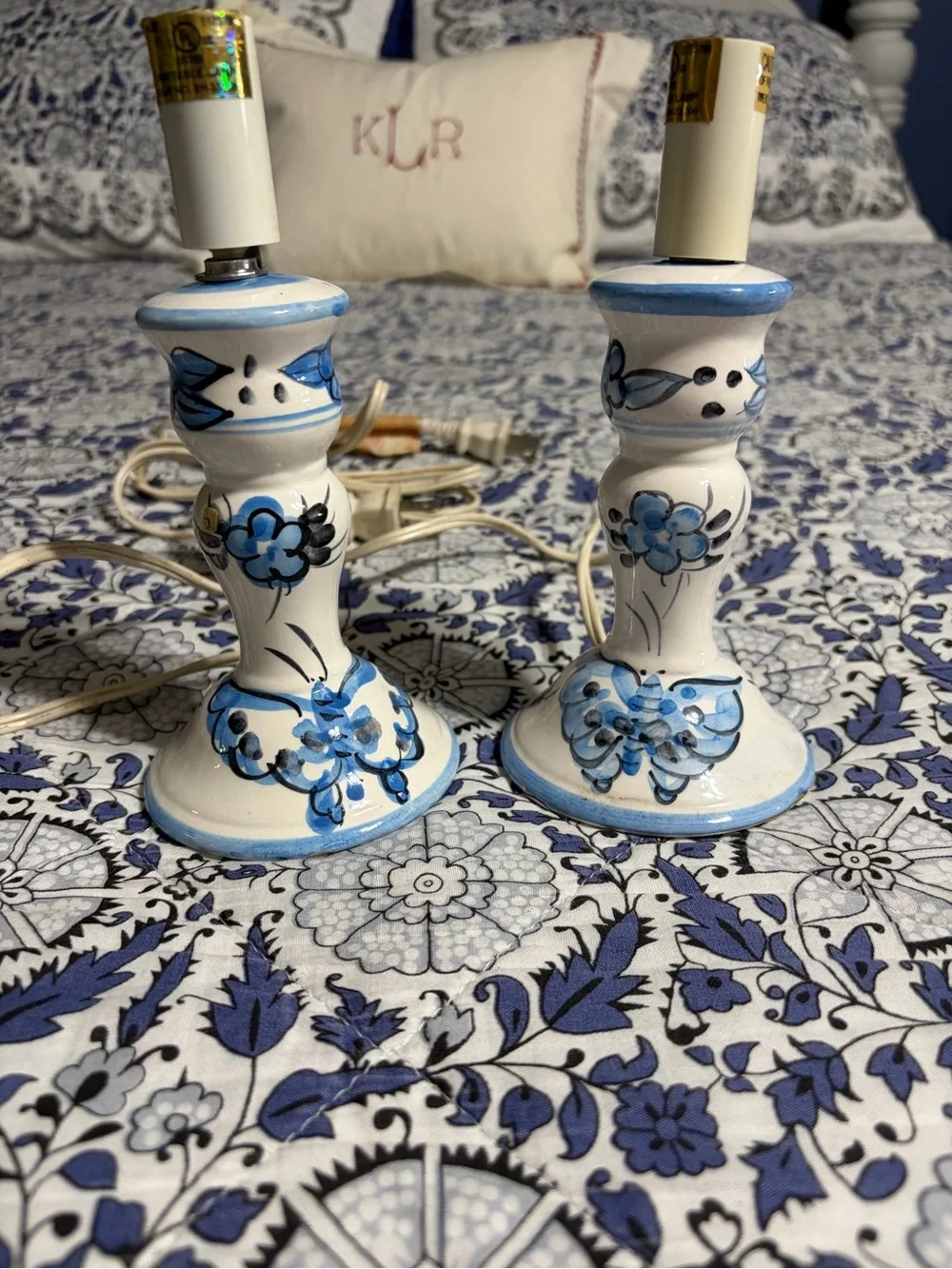 Vintage Blue and White Floral Ceramic Candlestick Lamps - Pair hand painted EUC